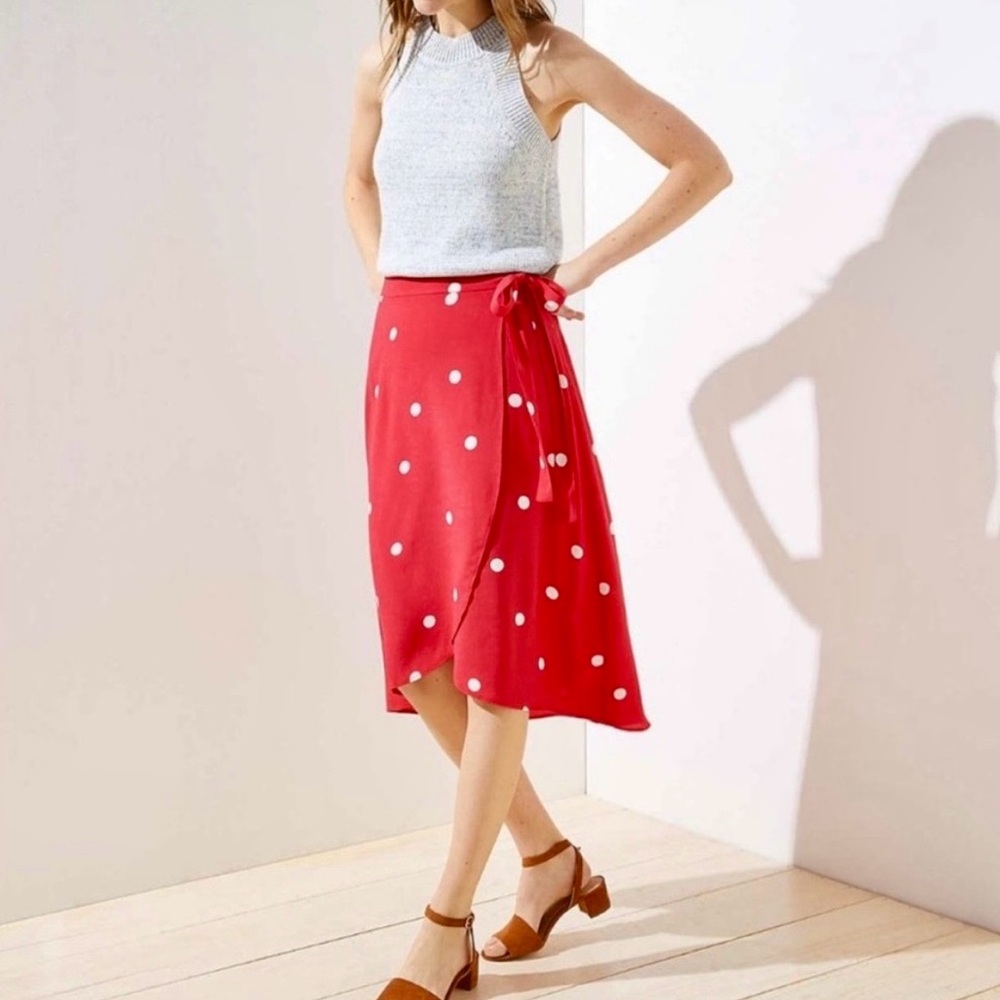 LOFT Polka Dot Wrap Skirt "Orchard Red" Asymmetrical Midi Skirt Size 10